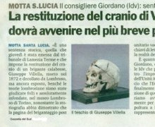 La restituzione del cranio di Giusepep Villella dovrÃ  avvenire nel piÃ¹ breve periodo